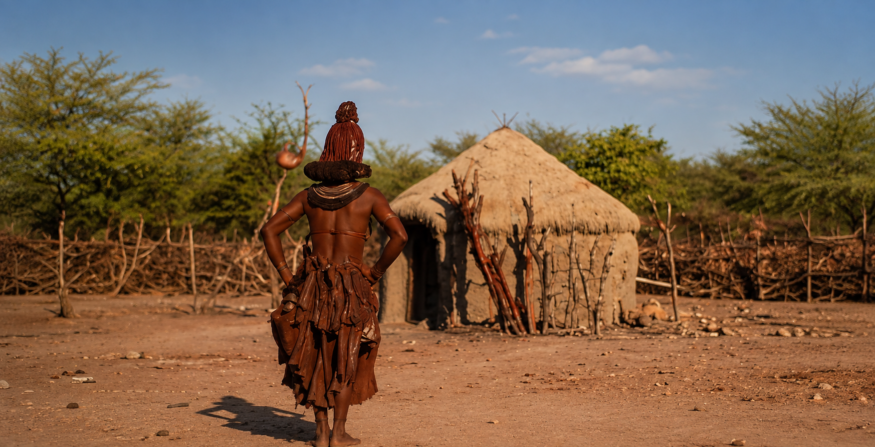 A Himba host stands beside a traditional homestead in Namibia